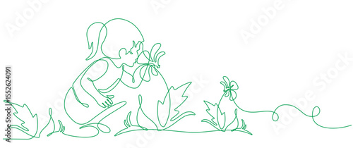 little girl smelling flowers in continuous line drawing style. Little girl squatting to smell flowers. Vector Linear sketch green line isolated on white background.