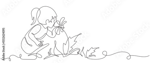 little girl smelling flowers in continuous line drawing style. Little girl squatting to smell flowers. Vector sketch isolated on white background.