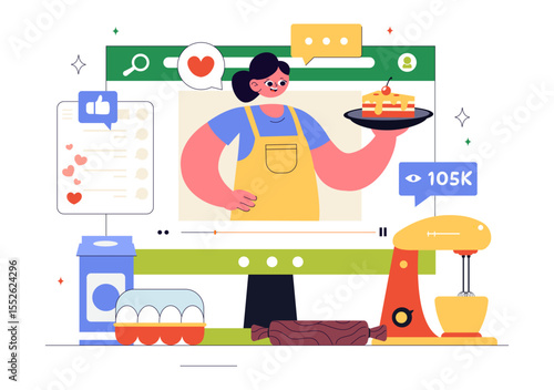 Cooking Blog Vector Illustration Featuring Young People Recording a Cooking Vlog and Preparing Food at Home in a Flat Style Cartoon Background