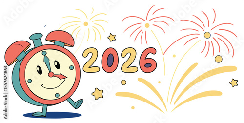 New year 2026 illustration with cartoon clock and fireworks
