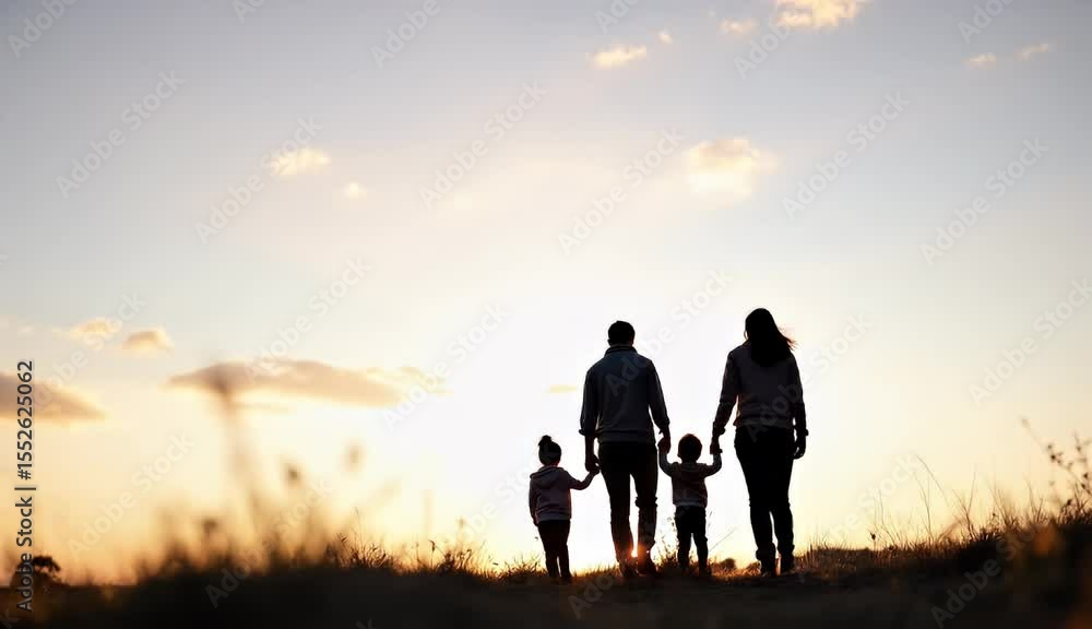 Family of four silhouetted against a sunset. Walking hand-in-hand, symbolizing family love. Family of four silhouetted against a sunset. Walking hand-in-hand, symbolizing family love.