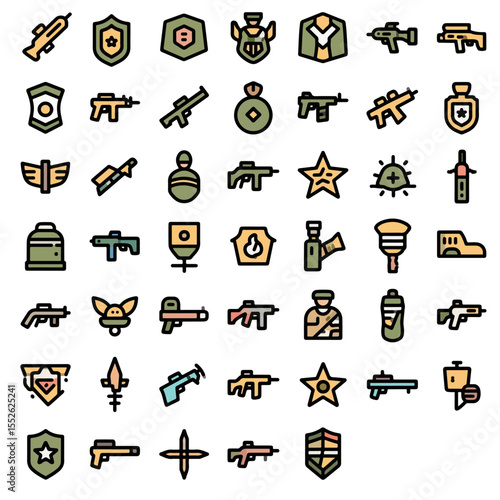 Military icon set vector featuring badges, guns, ranks, and grenades, suitable for war-themed design, game assets, or military user interface elements.
