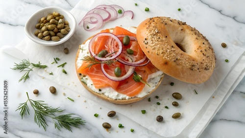 moked Salmon Bagel with Cream Cheese, Capers, and Red Onion – Trendy Breakfast Flatlay.