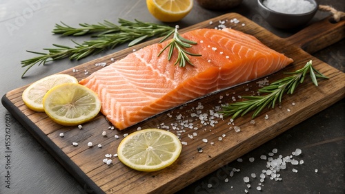 Fresh Raw Salmon Fillet on Wooden Cutting Board with Herbs and Lemon – Healthy Cooking Concept