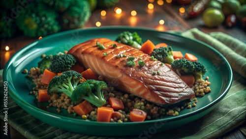 an-Seared Salmon Fillet with Roasted Vegetables – Healthy Meal in Rustic Kitchen Setting