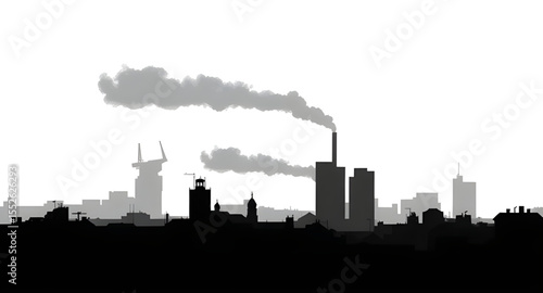Silhouette city with smoke, Pollution background, Industrial city pollution, Dirty air urban view, City with chimneys, Polluted environment graphic, Environmental crisis city, Smoke in cityscape, Cont