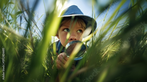 Curious caucasian child exploring nature with magnifying glass in tall grass