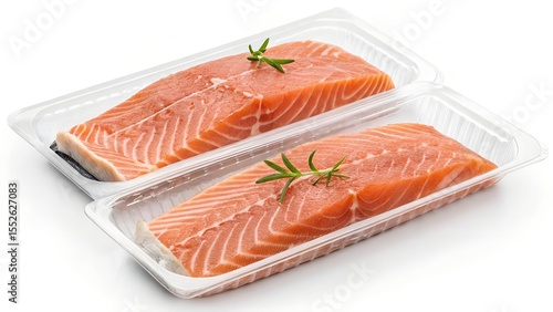 Vacuum-Packed Salmon Fillets in Transparent Tray – Isolated on White for Product Display