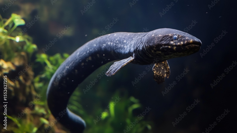 Fototapeta premium A long dark colored fish swims with tiny fins in water