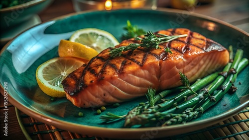 Grilled Salmon Steak with Lemon and Asparagus – Restaurant Plated Gourmet Food