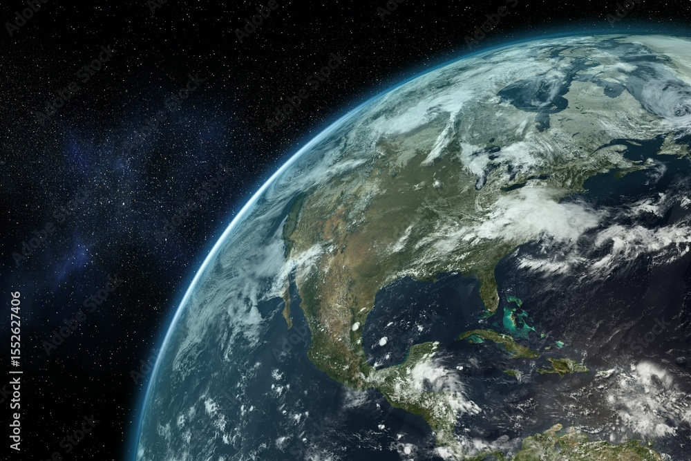 Fototapeta premium Earth is being shown from orbit in 3D render, displaying cloud formations and star field