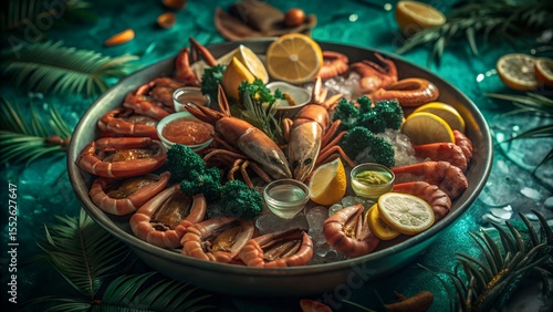 Deluxe Seafood Platter with Shrimp, Crab, Mussels on Ice – Elegant Restaurant Serving
