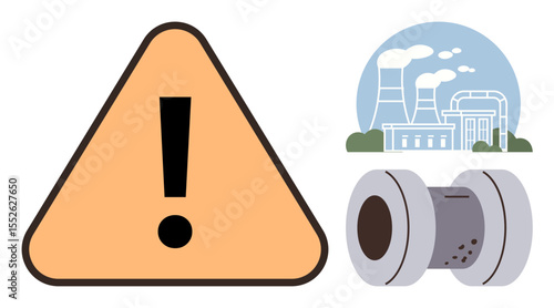 Exclamation mark warning, industrial plant emitting smoke, and faulty pipe suggesting hazards thumbs up pollution, safety violations, or infrastructure failure. Ideal for safety, environment, repair