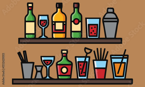  Bar Shelf with Assorted Drinks and Tools, flat design illustration of a two-tiered bar shelf stocked with various liquor bottles,representing a typical bar setup