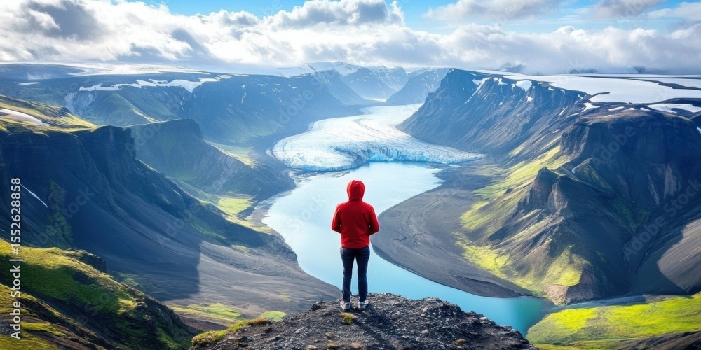 Obraz premium Adventurous Figure in Red Jacket on Cliff with Stunning Landscape Travel Adventures: Exciting image