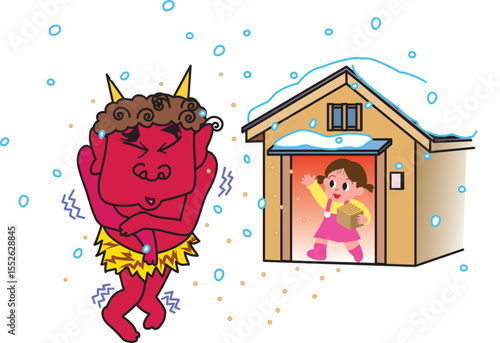 雪の中で寒がる鬼と豆をまく女の子
