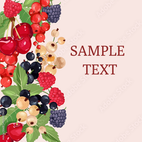 Vertical pattern of forest and garden berries on a pink isolated background with place for your text. Vector illustration. Template for juice, jams, cosmetics, web design.