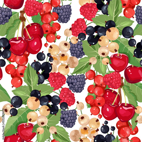Seamless pattern of cherry, dewberry, raspberry, red currant, black currant and white currant. Vector illustration for the design of menus, recipes, textile and food packages.