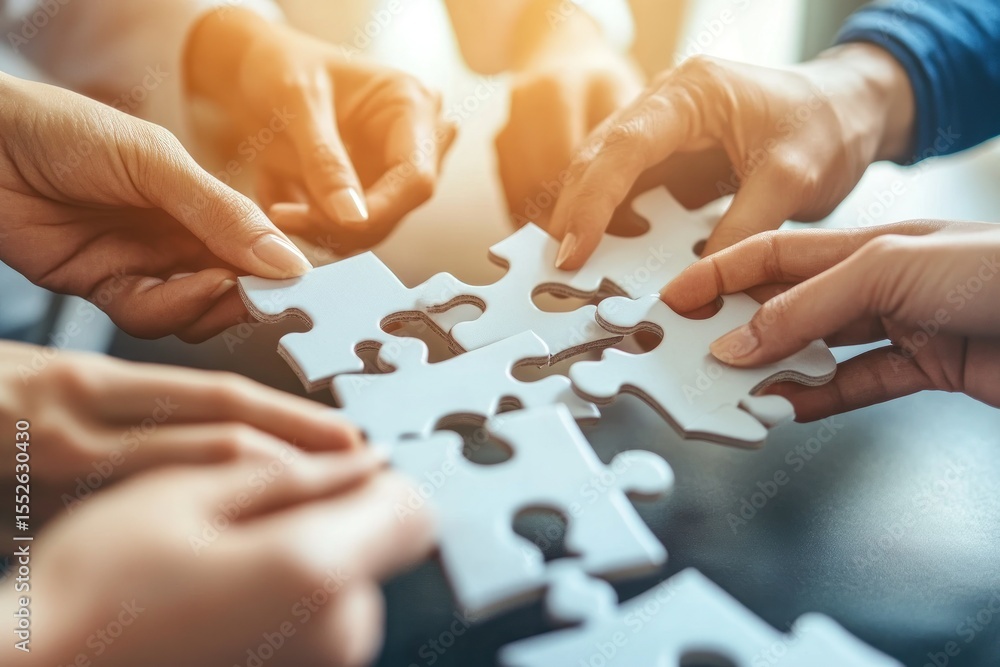 Cropped group image of professionals assembling puzzle during brainstorming Cropped group image of professionals assembling puzzle during brainstorming