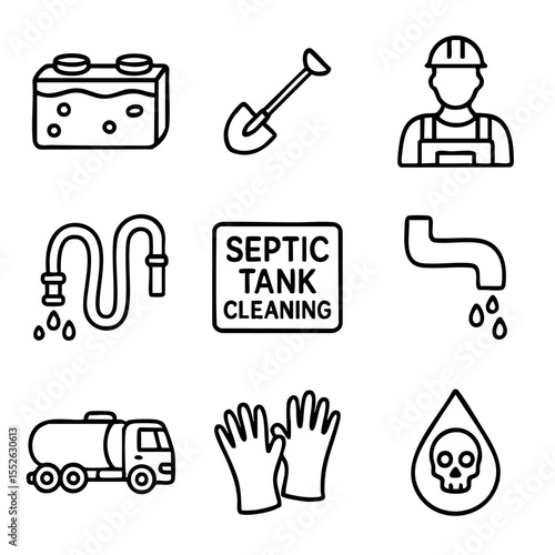 A set of doodle line icons depicting septic tank cleaning, plumbing, wastewater management, protective gear, tools, and hazardous materials