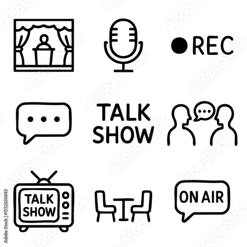 A set of doodle line icons illustrating talk shows, interviews, broadcasting, microphones, TV sets, conversations, and live on-air elements