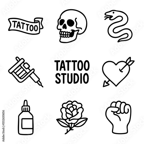 A set of doodle line icons representing tattoo studio themes including tattoo machines, ink, symbols like skulls, hearts, roses, and fists