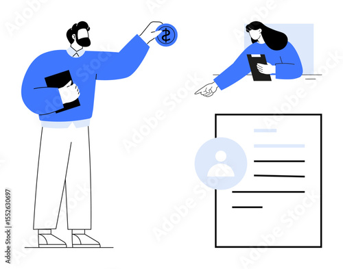 Man holding clipboard, handing dollar coin, woman pointing at document. Ideal for teamwork, finance, workflow, remote collaboration, HR processes, business learning simple landing page