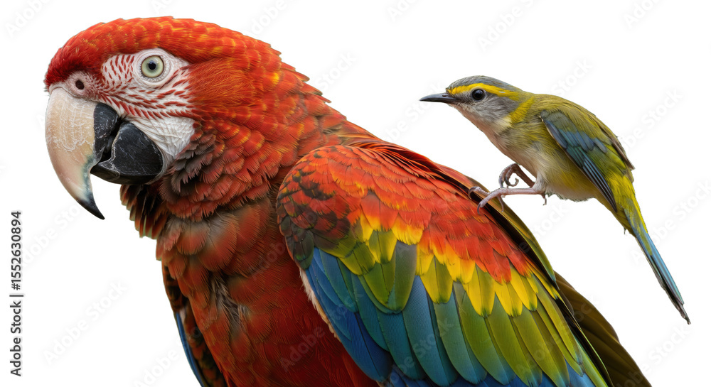 Obraz premium Scarlet Macaw with Perched Small Bird.