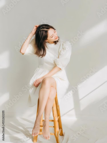 ナチュラルな女性が笑顔でポーズを決める