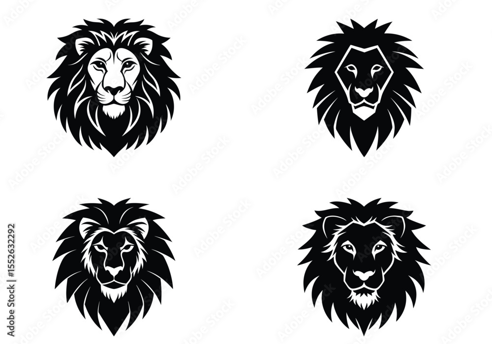 Obraz premium 4 silhouette lion head icon set isolated on white background