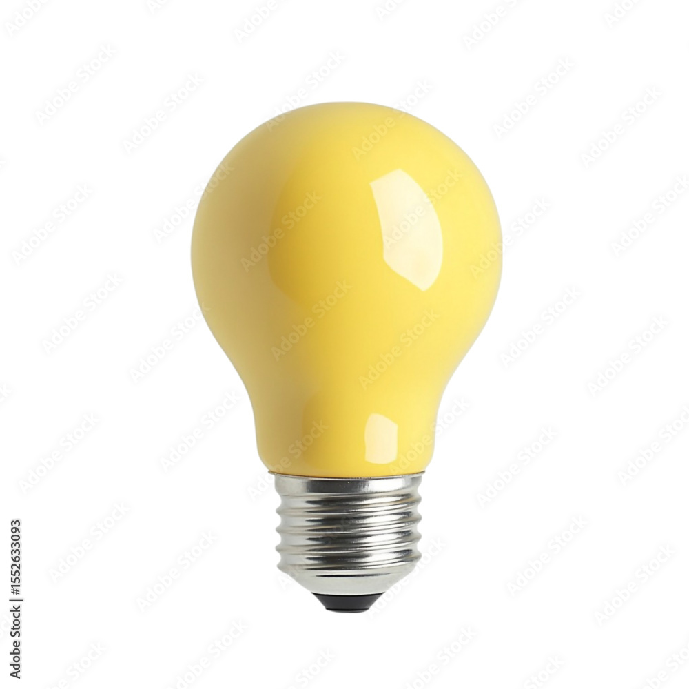 A single yellow lightbulb on white background it is a standard bulb shape with a silver metal base A single yellow lightbulb on white background it is a standard bulb shape with a silver metal base
