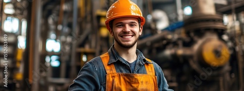 Confident young man in factory setting, wearing orange hard hat Proud Boilermaker Smiling Confidently