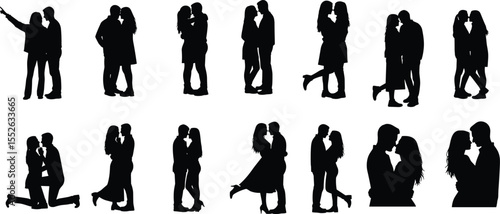Romantic couple silhouette, lovers embracing, kissing pose vector, love relationship moments, passion and intimacy, romantic partner clipart, black silhouette design
