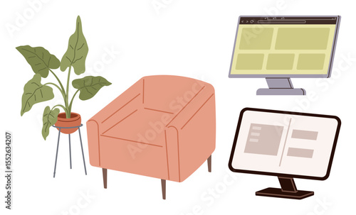 Armchair with potted plant beside dual screens showing web pages and text layouts. Ideal for productivity, relaxation, creativity, work-life balance, home office setup, comfort, and minimalism