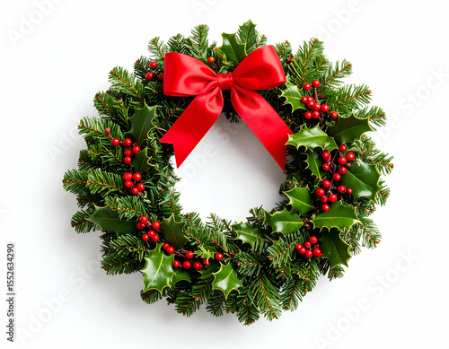 Christmas Wreath Festive Holly, Berries, and Red Bow Decoration