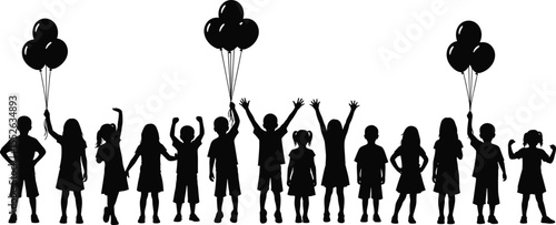 Children silhouettes celebrating, kids holding balloons, group of happy children, childhood party scene, joyful celebration, playful kids, vector illustration, concept