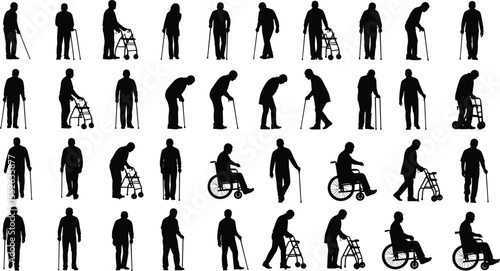 Elderly people walking, senior silhouettes with cane, walker, wheelchair, aging population mobility aid, healthcare support concept, physical disability illustration