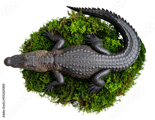  Top View of Realistic Alligator Resting in Swamp with Moss and Water Ripples, Isolated on Transparent Background