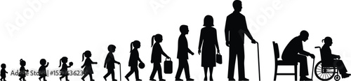 Human life stages silhouette, baby to elderly, aging process, child to adult, walking, wheelchair, cane, timeline, vector illustration
