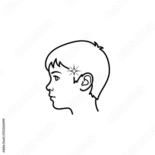 Illustration of a boy's head in profile with a sparkling star near his temple in black and white