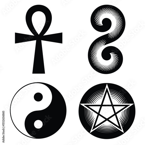 Ancient Symbols: Ankh, Spiral, Yin Yang, Pentagram - Spiritual & Cultural Icons