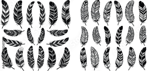 Black Tribal Feathers Illustration Set with Intricate Designs for Creative Projects