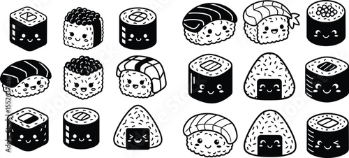 Collection of Cute Sushi and Onigiri Character Icons, Japanese Food Kawaii Style