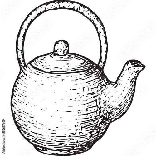 Hand-drawn sketch of a vintage teapot with detailed texture, perfect for tea ceremony art, cafe decor, or kitchen illustration