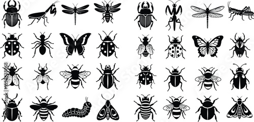 Insect Silhouette Collection Diverse Set Featuring Beetles, Butterflies, Bees, and More