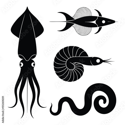 Ocean Life Silhouettes: Squid, Fish, Ammonite, Eel - Marine Animal Vector Art