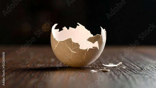 Minimalist Still Life Close-Up of a Single Cracked Eggshell Resting on a Bare Surface – Fragile Texture and Organic Detail