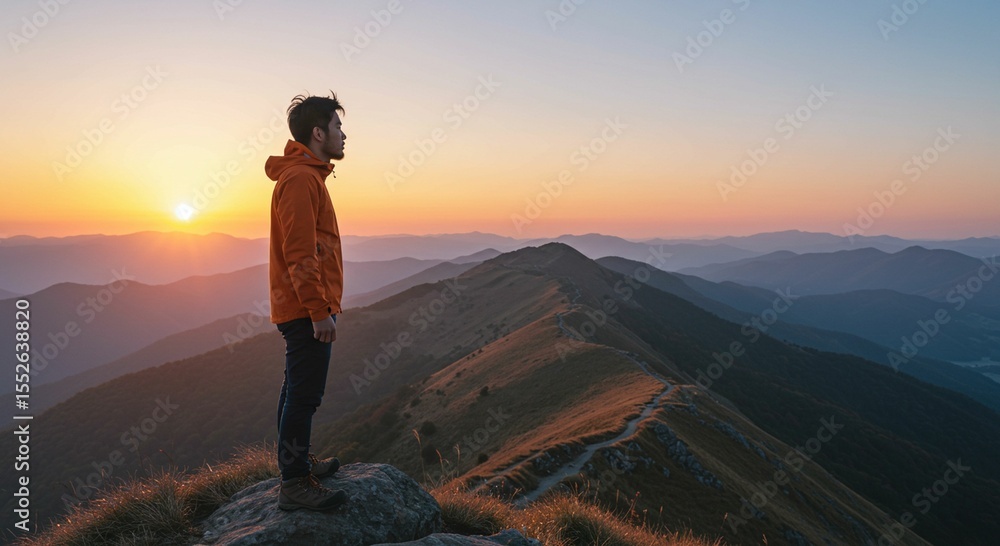 Fototapeta premium Person contemplating sunrise over mountain range