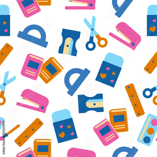 Seamless pattern of colorful school supplies including books, scissors, erasers, staplers, sharpeners, and rulers on transparent background.