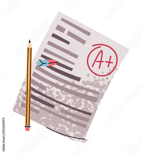 School Test Paper with Grade in Flat Style, Featuring Pencil and eraser on White Background. Perfect for Education Themes, Teacher Resources, Student Motivation, and Back to School Designs